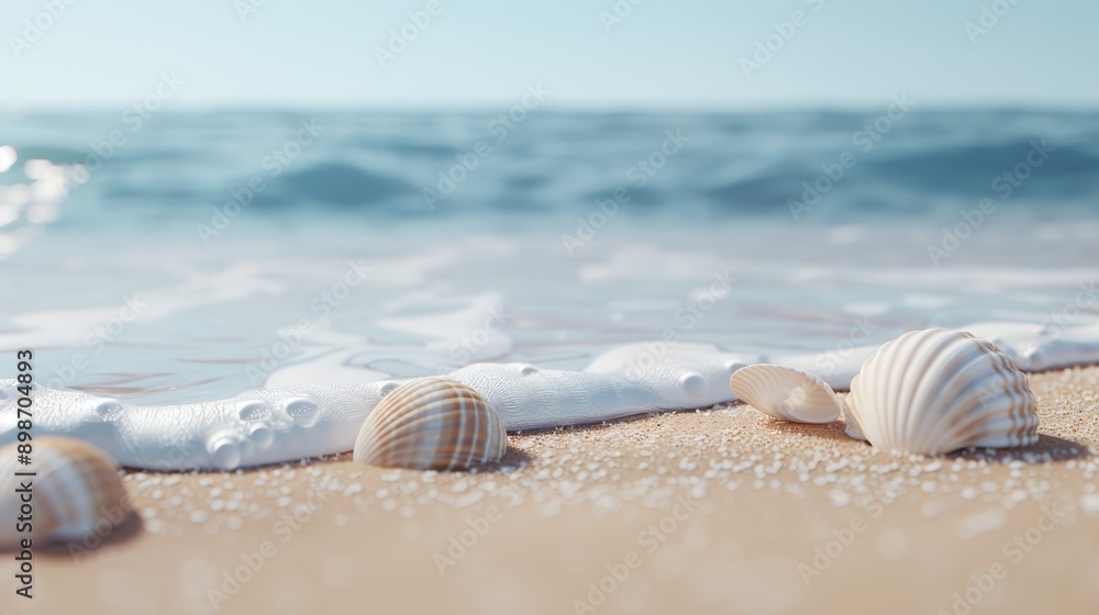 A serene beach scene featuring seashells resting on golden sand, gently kissed by the waves and illuminated by soft sunlight. A serene beach scene featuring seashells resting on golden sand, gently kissed by the waves and illuminated by soft sunlight.