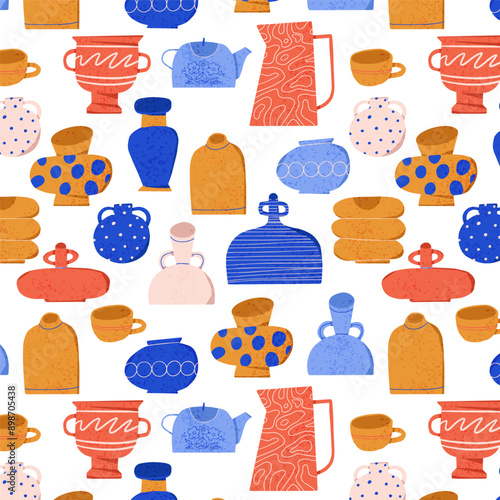 Ceramics vase. Different old pottery, decorative vessels, clay pitchers, decor jug. Creative vases shapes in flat style colorful with ornament vector set