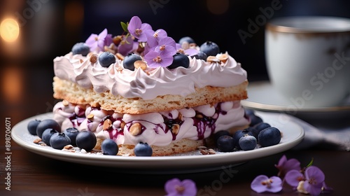 Delicious beautiful cake with blueberries on well - designed old plate