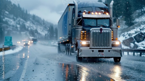 A large cargo truck is seen driving along a snow-covered mountain road, braving the inclement weather with snowflakes falling and the landscape blurred by the snowfall.