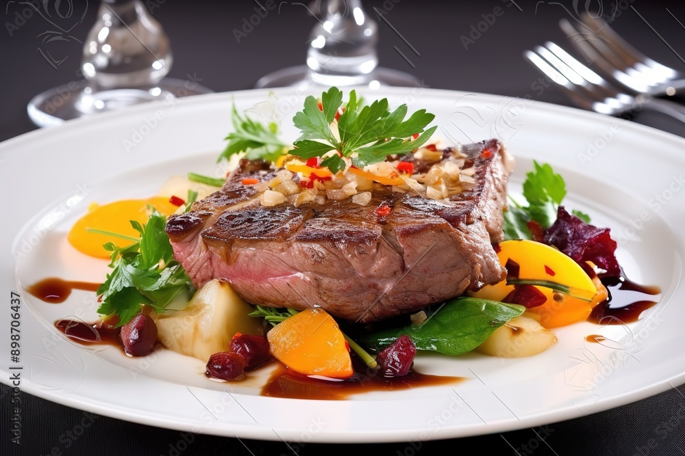 delicious steaks with vegetables, fine dining photo