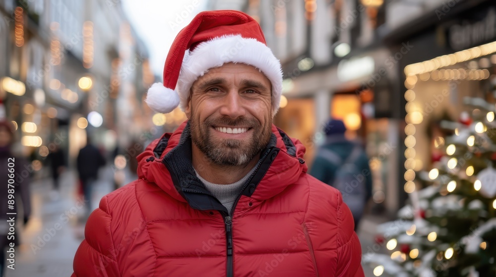 A man in a red coat and Santa hat, smiling on a street decorated with festive holiday lights and decor, enjoying the lively Christmas season atmosphere. A man in a red coat and Santa hat, smiling on a street decorated with festive holiday lights and decor, enjoying the lively Christmas season atmosphere.