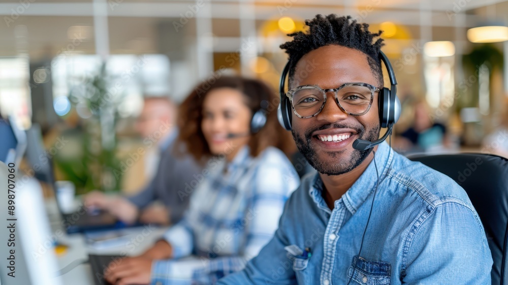 A customer service representative wearing a headset and glasses, with a broad smile, sits in a busy call center, exemplifying customer support, communication, and positivity. A customer service representative wearing a headset and glasses, with a broad smile, sits in a busy call center, exemplifying customer support, communication, and positivity.