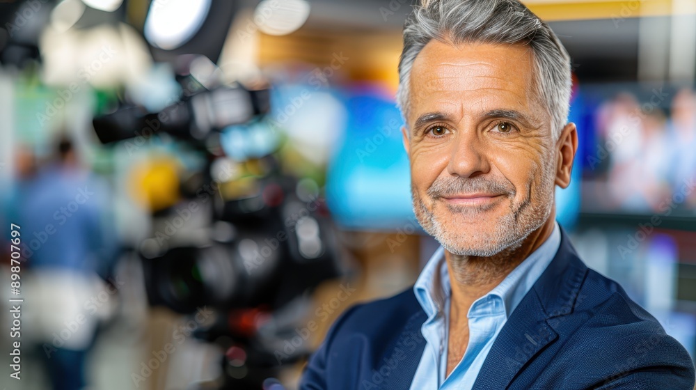 A confident man with grey hair smiling while standing in a studio setting, with blurred background featuring camera equipment and studio lights. A confident man with grey hair smiling while standing in a studio setting, with blurred background featuring camera equipment and studio lights.