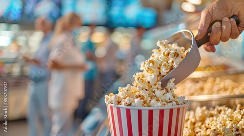 This image captures the moment fresh popcorn is being scooped into a red and white striped bucket at a busy concession stand, evoking the lively atmosphere of a theater or festival.