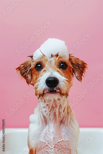 Cute puppy getting a bath with foam on its head against a pink background