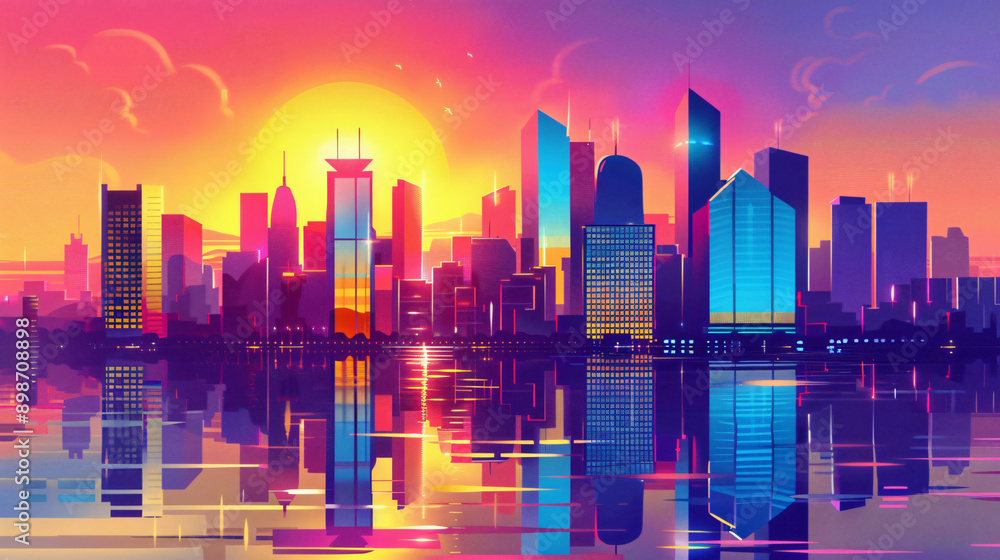 Vibrant, modern cityscape is reflected on the water at sunset, with colorful buildings and a warm glow Vibrant, modern cityscape is reflected on the water at sunset, with colorful buildings and a warm glow