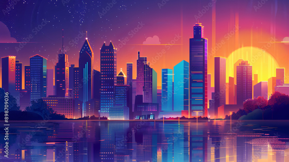 Vibrant city skyline mirroring in the water as the sun sets in the distance Vibrant city skyline mirroring in the water as the sun sets in the distance
