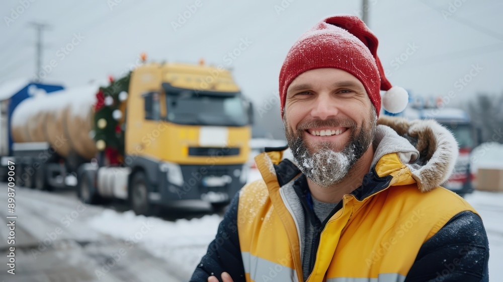 A cheerful man wearing a red winter hat and yellow jacket smiles in front of a snow-covered truck, highlighting the festive and cold environment of a snowy day. A cheerful man wearing a red winter hat and yellow jacket smiles in front of a snow-covered truck, highlighting the festive and cold environment of a snowy day.