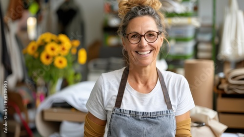 A cheerful woman in an apron stands in a vibrant workshop filled with colorful items, her smile radiating happiness and satisfaction with her creative endeavors. photo