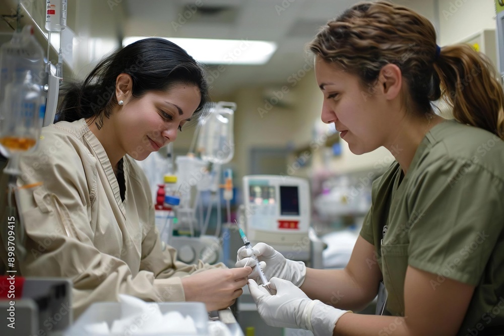 Side view photo of female Hispanic nurse administering a vaccine using syringe at hospital. Side view photo of female Hispanic nurse administering a vaccine using syringe at hospital.
