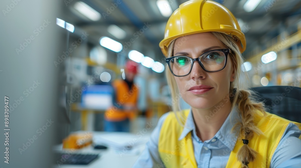 A female engineer wearing a yellow safety helmet and glasses is focused on work in a busy factory environment, emphasizing industrial safety and precision. A female engineer wearing a yellow safety helmet and glasses is focused on work in a busy factory environment, emphasizing industrial safety and precision.
