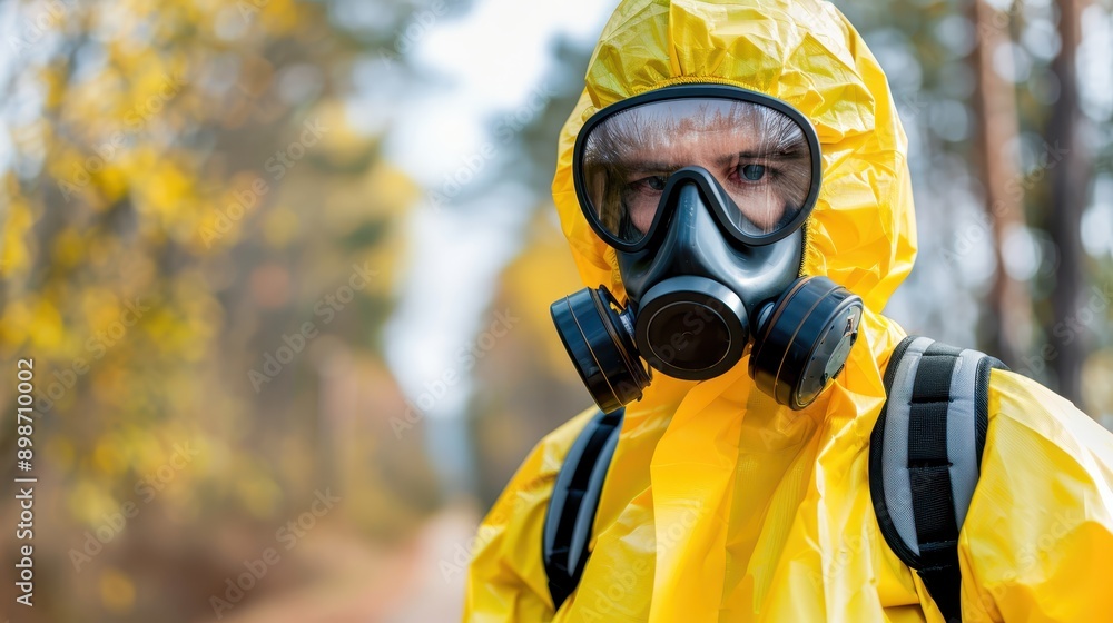 An individual wearing a yellow hazmat suit and gas mask is outdoors, surrounded by autumn foliage, emphasizing safety and precautionary measures during outdoor activities. An individual wearing a yellow hazmat suit and gas mask is outdoors, surrounded by autumn foliage, emphasizing safety and precautionary measures during outdoor activities.
