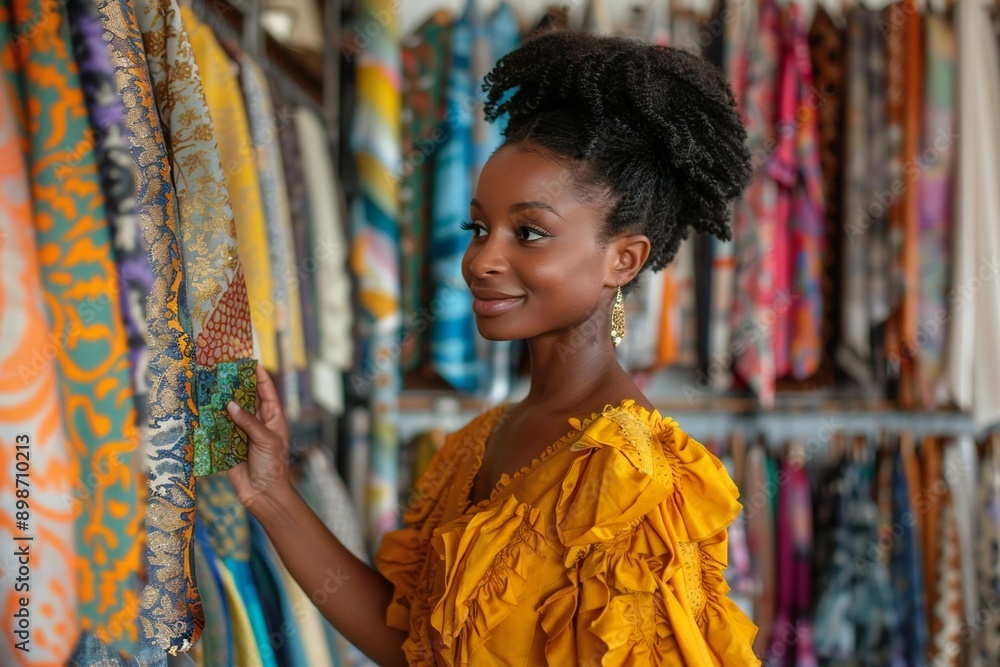 Full body photo of African American female tailor matching color swatches for a perfect fabric pairing in boutique. Full body photo of African American female tailor matching color swatches for a perfect fabric pairing in boutique.