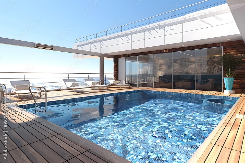 Obraz premium Modern Rooftop Pool with Glass Walls and Loungers
