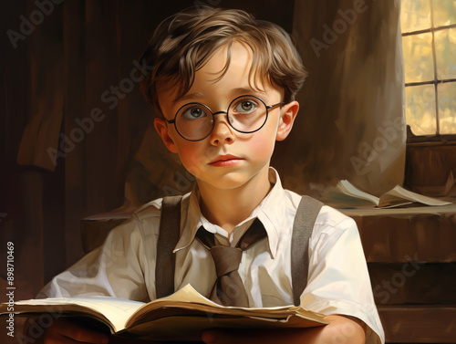 a schoolboy boy wearing glasses, a white shirt and a tie in a retro style reads a book, close-up portrait. School mood. 
