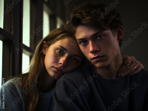 Portrait of young people, a girl and a guy in dark colors in a dark room. Sad emotions, romantic mood, youth.