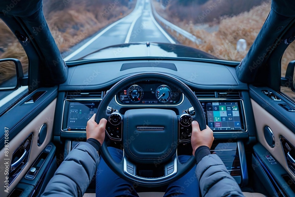 Aerial shot of the Asian driver steering the limousine down a long, winding road. Aerial shot of the Asian driver steering the limousine down a long, winding road.