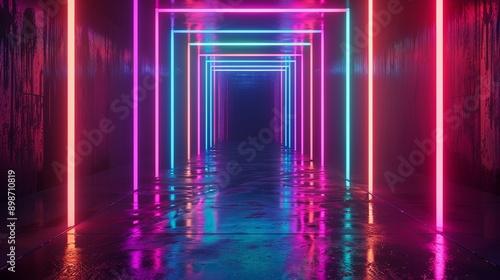 Dark corridor with pink and blue fluorescent lights illuminating a wet floor