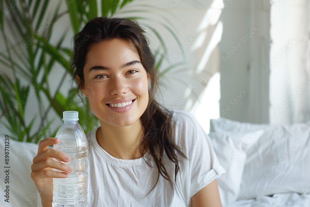 Young woman smiling and holding a water bottle while relaxing indoors with plants Young woman smiling and holding a water bottle while relaxing indoors with plants