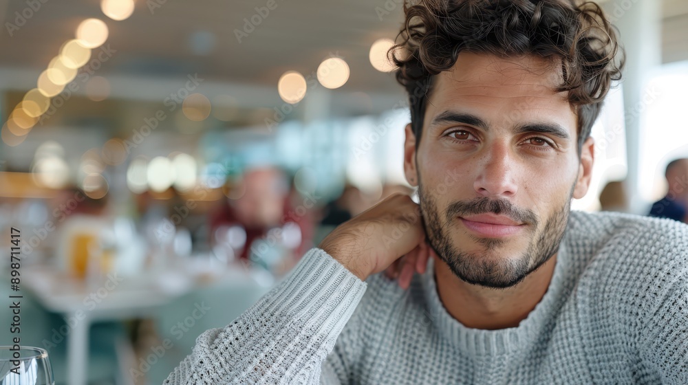 A man with curly hair and facial hair relaxes in a stylish modern cafe, surrounded by defocused lights and other diners, showcasing contemporary urban lifestyle. A man with curly hair and facial hair relaxes in a stylish modern cafe, surrounded by defocused lights and other diners, showcasing contemporary urban lifestyle.