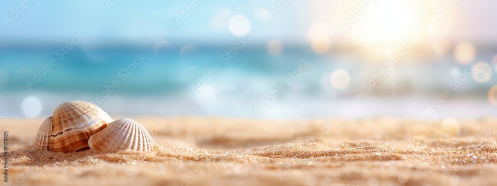 Two seashells on a sandy beach with a blurred ocean in the background Two seashells on a sandy beach with a blurred ocean in the background
