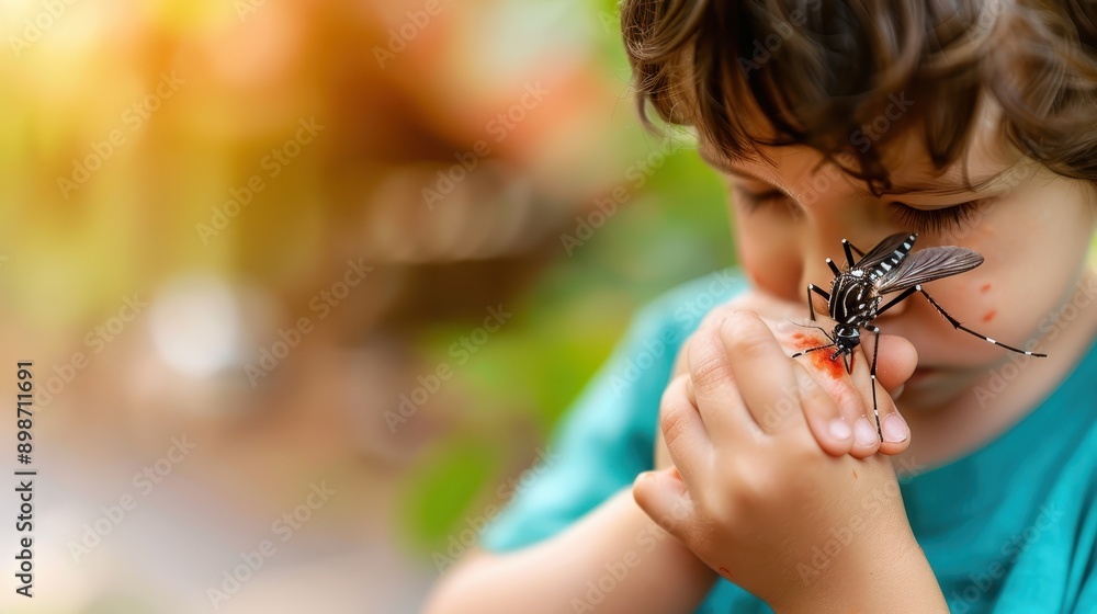 Obraz premium A close-up of a child holding their hands together, deep in thought, with a blurred background of nature in the golden light of the setting sun creating a serene atmosphere.
