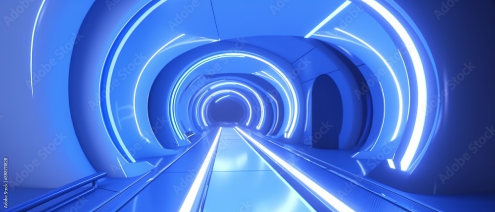 Blue neon lights in a futuristic tunnel corridor evoke a feeling of depth and motion Blue neon lights in a futuristic tunnel corridor evoke a feeling of depth and motion