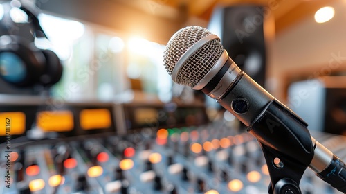 A close-up of a modern dynamic studio microphone positioned in a recording studio setting, surrounded by audio equipment, conveying a professional atmosphere in sound recording. photo