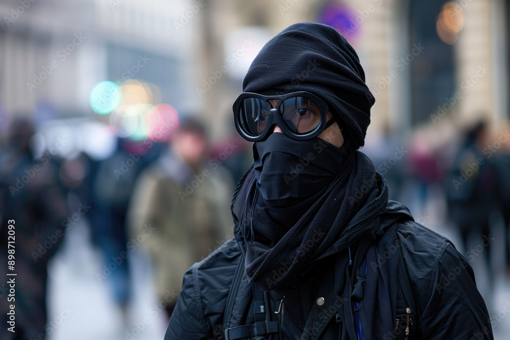 Man in black clothes and mask protesting in a busy urban street, background of people and blurred buildings. Urban life, protest, modern fashion, winter wear, street photography concept. Man in black clothes and mask protesting in a busy urban street, background of people and blurred buildings. Urban life, protest, modern fashion, winter wear, street photography concept.