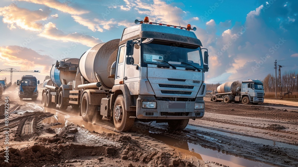 Cement Mixer Truck Driving on Construction Road Cement Mixer Truck Driving on Construction Road