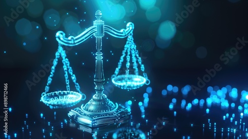 Digital scales of justice glowing with blue technology particles against a dark background. Legal tech, AI in law, modern legal concepts, digital transformation in law, future of justice. photo