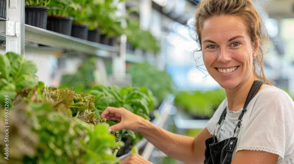 A happy female gardener in an apron tends to young plants in a greenhouse, radiating joy and satisfaction from working with nature, highlighting the serenity of gardening. A happy female gardener in an apron tends to young plants in a greenhouse, radiating joy and satisfaction from working with nature, highlighting the serenity of gardening.
