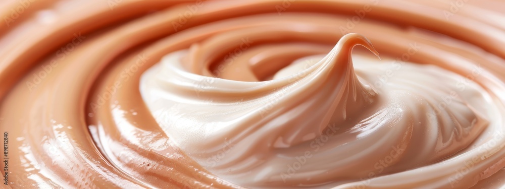 A tight shot of a cream swirl in a bowl of white and brown icing, softly focusing on the peak A tight shot of a cream swirl in a bowl of white and brown icing, softly focusing on the peak