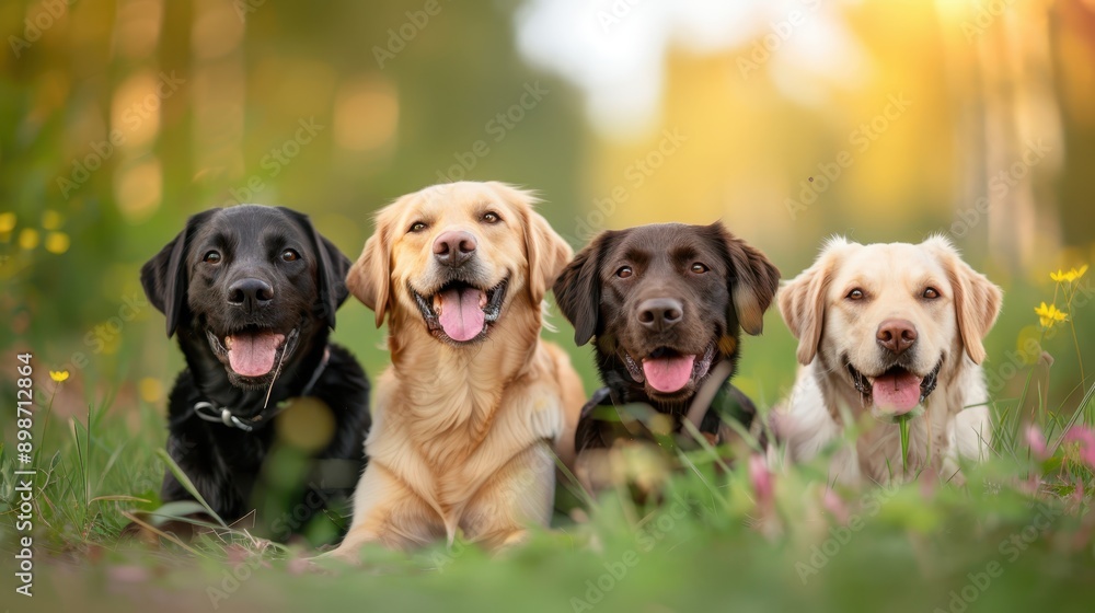 Four dogs of varying breeds and colors sit side by side in a lush, green field, surrounded by flowers, under warm sunlight, showcasing their joy and companionship. Four dogs of varying breeds and colors sit side by side in a lush, green field, surrounded by flowers, under warm sunlight, showcasing their joy and companionship.