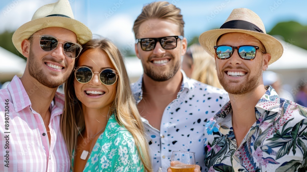 A group of friends smiling broadly at an outdoor event, enjoying the sunny day and the vibrant atmosphere, reflecting joy and togetherness amid festive surroundings. A group of friends smiling broadly at an outdoor event, enjoying the sunny day and the vibrant atmosphere, reflecting joy and togetherness amid festive surroundings.