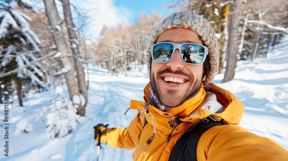 A person wearing a bright yellow jacket navigates through a forest on skis, with the snow-covered trees and clear sky creating a serene and action-packed winter scene. A person wearing a bright yellow jacket navigates through a forest on skis, with the snow-covered trees and clear sky creating a serene and action-packed winter scene.