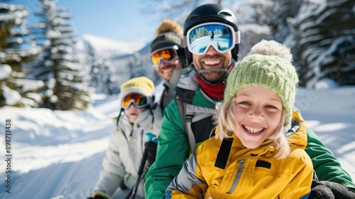 A happy family dressed in winter gear, including helmets and goggles, enjoys a fun-filled day in the snow, highlighting moments of family bonding and joy in a snowy setting. © Lens Legacy