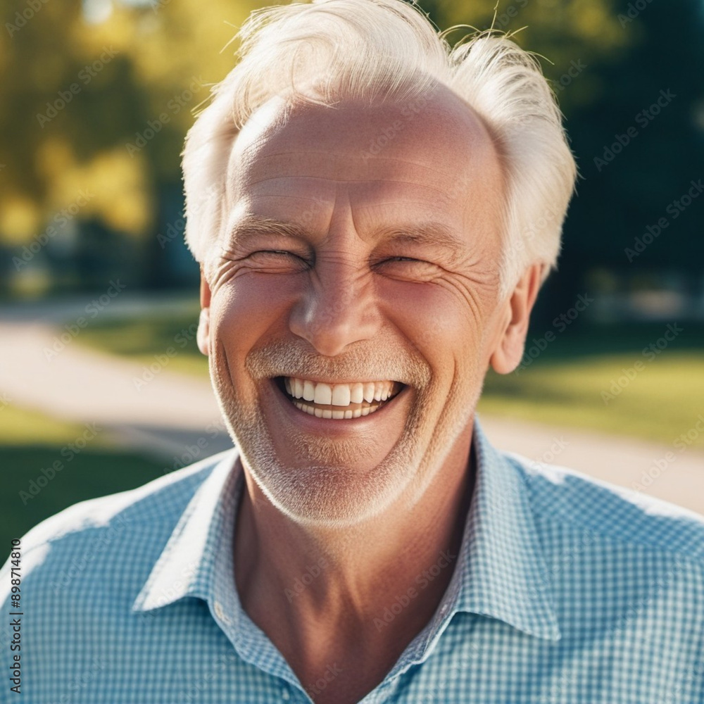 Portrait of a happy senior man with gray hair and a bright smile. The man is wearing a light blue shirt and is standing outdoors in a natural setting. His expression conveys joy and contentment. Portrait of a happy senior man with gray hair and a bright smile. The man is wearing a light blue shirt and is standing outdoors in a natural setting. His expression conveys joy and contentment.