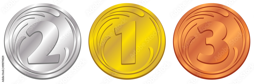 キラっと光る金銀銅色のメダルのイラストアイコン/1位2位3位 キラっと光る金銀銅色のメダルのイラストアイコン/1位2位3位