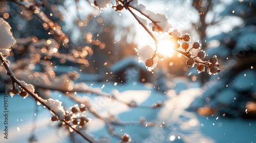 A magical winter scene of a snow-covered branch with the sun shining brightly in the background, casting a warm golden glow on the snowflakes and nature around. photo