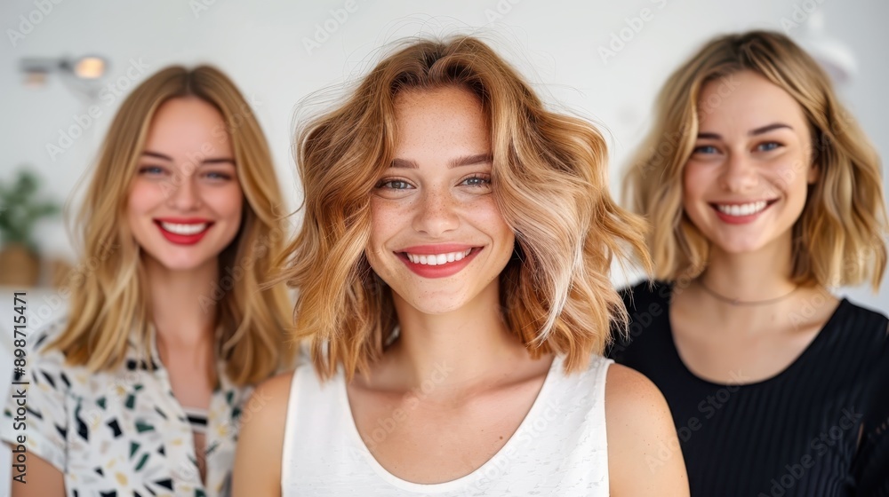This image showcases three women dressed in casual clothing with wavy hairstyles, beaming with bright smiles. It represents happiness, simplicity, and harmonious connection.
