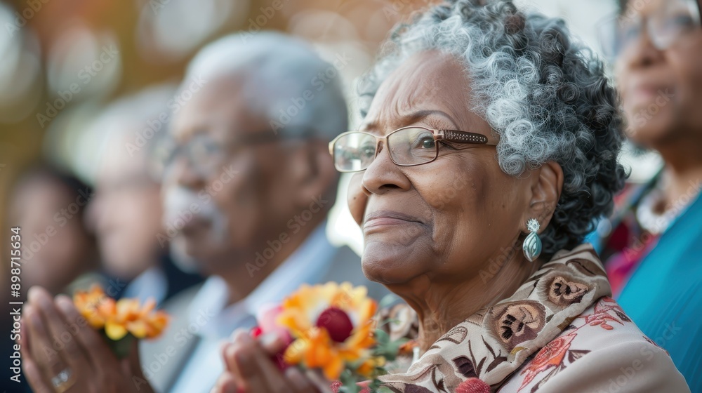 Elderly individuals are seen holding colorful flowers in a serene outdoor setting, participating in an event or ceremony with a sense of peace and community. Elderly individuals are seen holding colorful flowers in a serene outdoor setting, participating in an event or ceremony with a sense of peace and community.