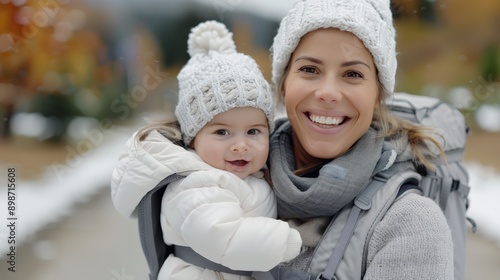 A happy mother and her baby dressed in warm winter clothing, smiling joyfully outdoors during a light snowfall, capturing a moment of love and warmth despite the cold weather. © Lens Legacy
