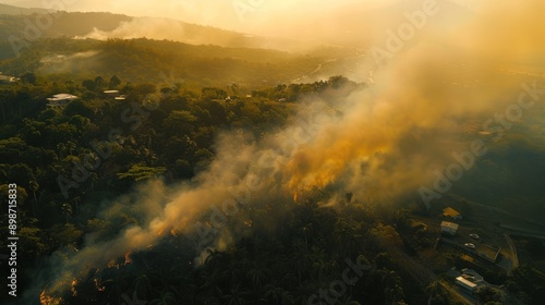 Aerial View of Forest Fire at Sunset