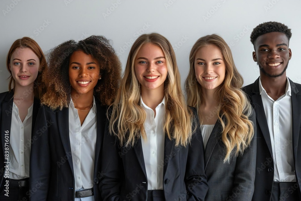 Beautiful young and confident businesspeople standing in a row against a white background. Beautiful young and confident businesspeople standing in a row against a white background.
