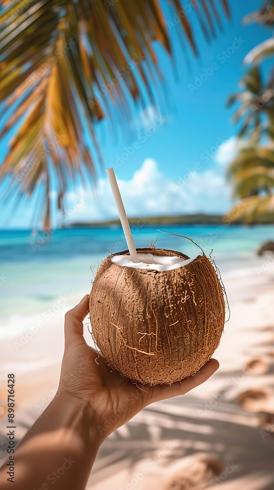 picture of coconut with straw in a hand infront of a beach palmtrees picture of coconut with straw in a hand infront of a beach palmtrees