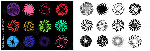 Set of vector abstract objects, camera lens shutter, illusion of deception, funnel, retracting and inflating, rotating circular.Hypnotic geometric shapes collection