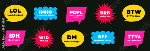 Cool Trendy Stickers Collection. Set of Various Phrases Patches Vector Design. Pack of Yolo, Rofl, Lol and Wow Pins.