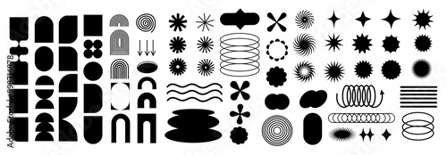 Brutalist abstract geometric shapes and grids. Brutal contemporary figure star oval spiral flower and other primitive elements. Swiss design aesthetic. Bauhaus memphis design.